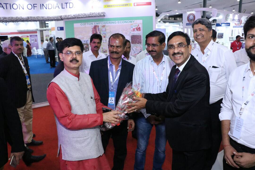 Shri P. C. Vaish, CMD NTCL is welcoming the Honourable Secretary Shri Anant Kumar Singh, IAS, Ministry Of Textile, GOI in the NTC stall during Mega Event Textiles India 2017.